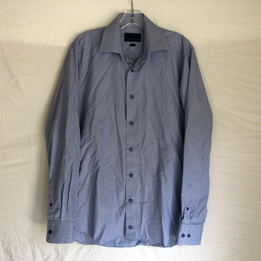 David Donahue Shirt Mens 15.5 34/35 Blue Gingham Trim Fit Cotton Long Sleeve
